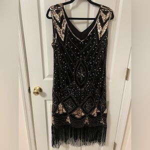 Elegant Black and Gold Beaded Dress flapper dress